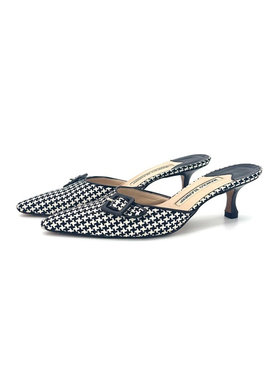 Manolo Blahnik Shoes - Vintage Manolo Blahnik Buckle Houndstooth Pointed Toe Slip On Mules 37.5